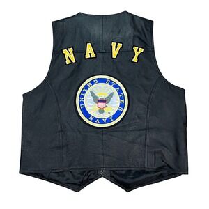 VTG‎ Leather US Navy Biker Vest Mens 2XL Black Patches Snap Front USA